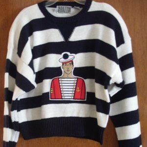 Vintage Tarazzia 80's Ramie Cotton Cropped Boxy Nautical Sweater Navy White Lrge